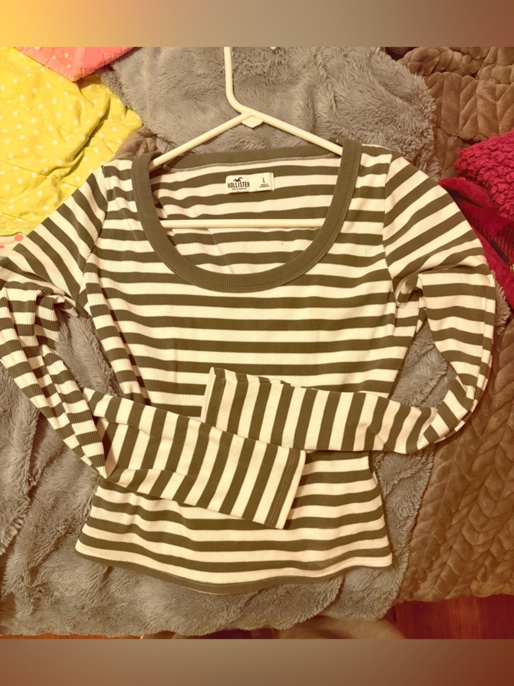 Hollister Olive Green and White Striped Ribbed Long-Sleeve Top